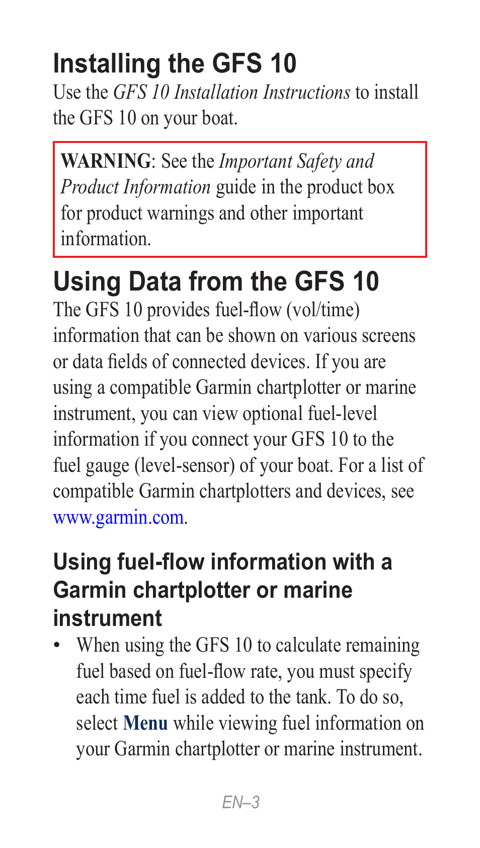 English, Installing the gfs 10, Using data from the gfs 10 | Garmin GFS 10 User Manual | Page 3 / 24