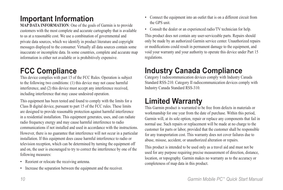 Important information, Fcc compliance, Industry canada compliance | Limited warranty | Garmin POWERBOOK G4 User Manual | Page 10 / 12