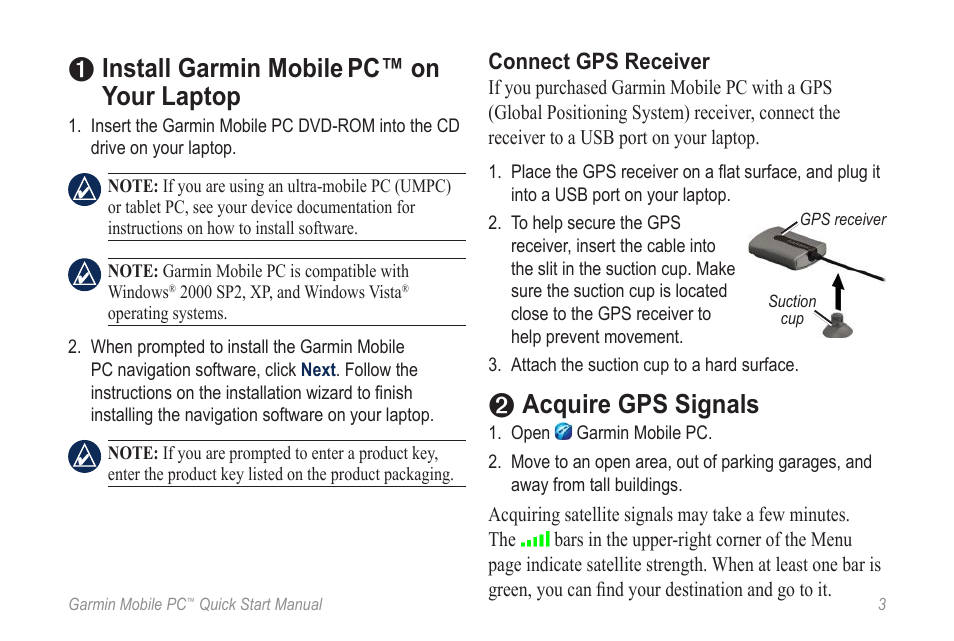 Install garmin mobile, Pc™ on your laptop, Acquire gps signals | Garmin POWERBOOK G4 User Manual | Page 3 / 12