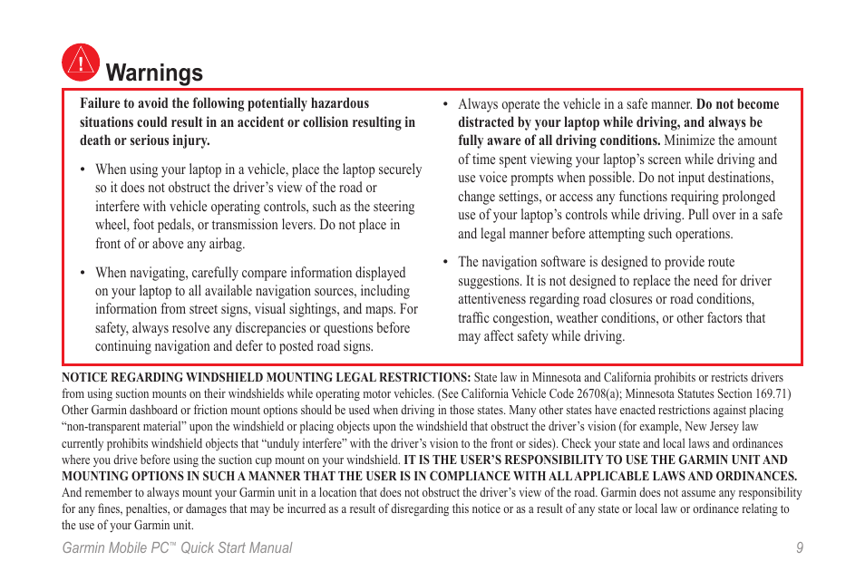 Warnings | Garmin POWERBOOK G4 User Manual | Page 9 / 12