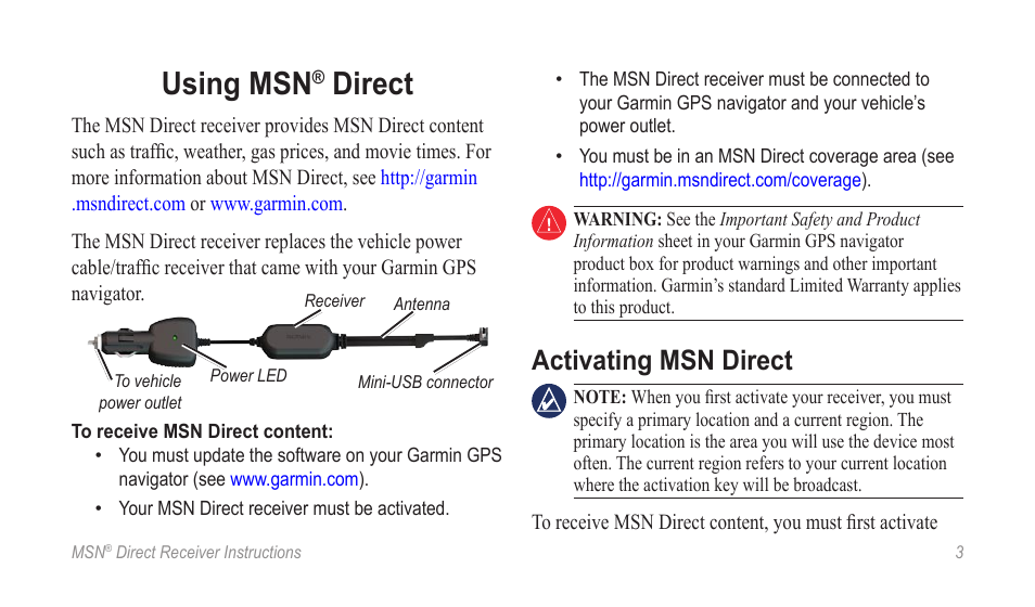 Using msn, Direct, Activating msn direct | Garmin GDB 55 User Manual | Page 3 / 8