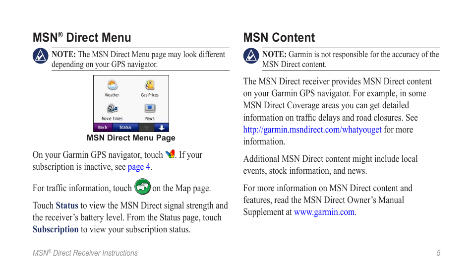 Direct menu, Msn content | Garmin GDB 55 User Manual | Page 5 / 8