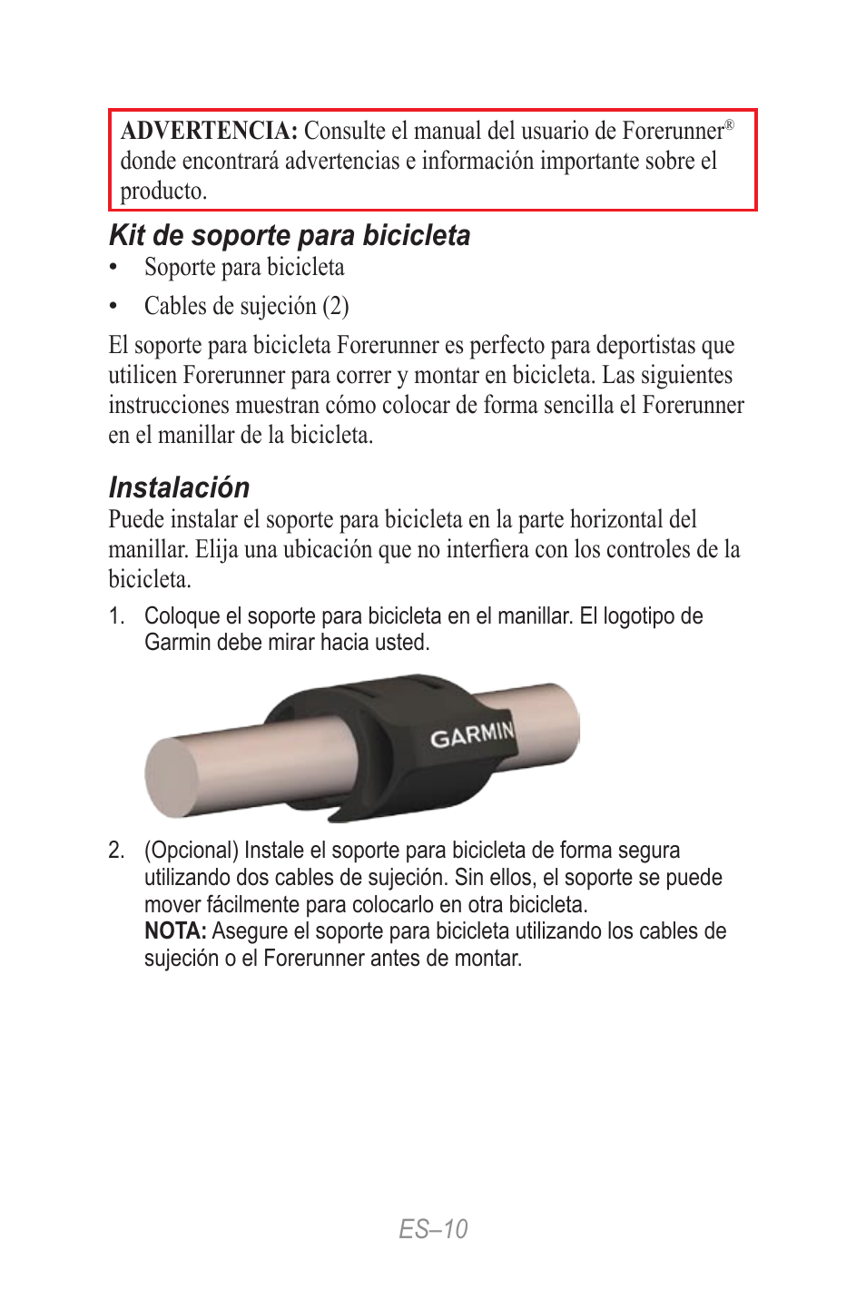 Guia de referencia rápida, Kit de soporte para bicicleta, Instalación | Garmin Forerunner 190-00839-08 User Manual | Page 10 / 24