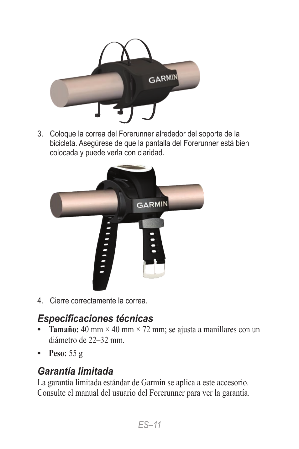 Especificaciones técnicas, Garantía limitada | Garmin Forerunner 190-00839-08 User Manual | Page 11 / 24