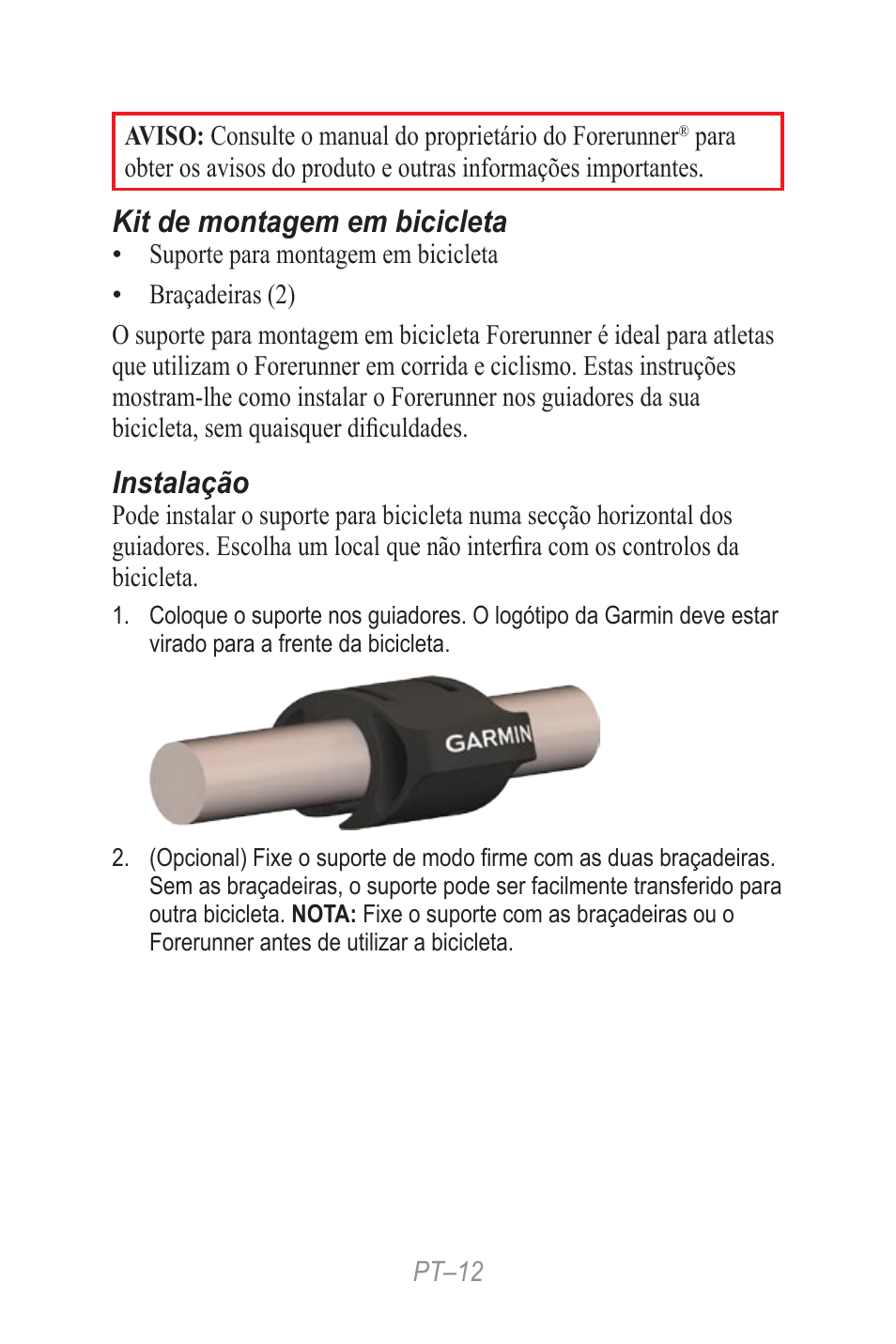 Instrucoes breves, Kit de montagem em bicicleta, Instalação | Garmin Forerunner 190-00839-08 User Manual | Page 12 / 24