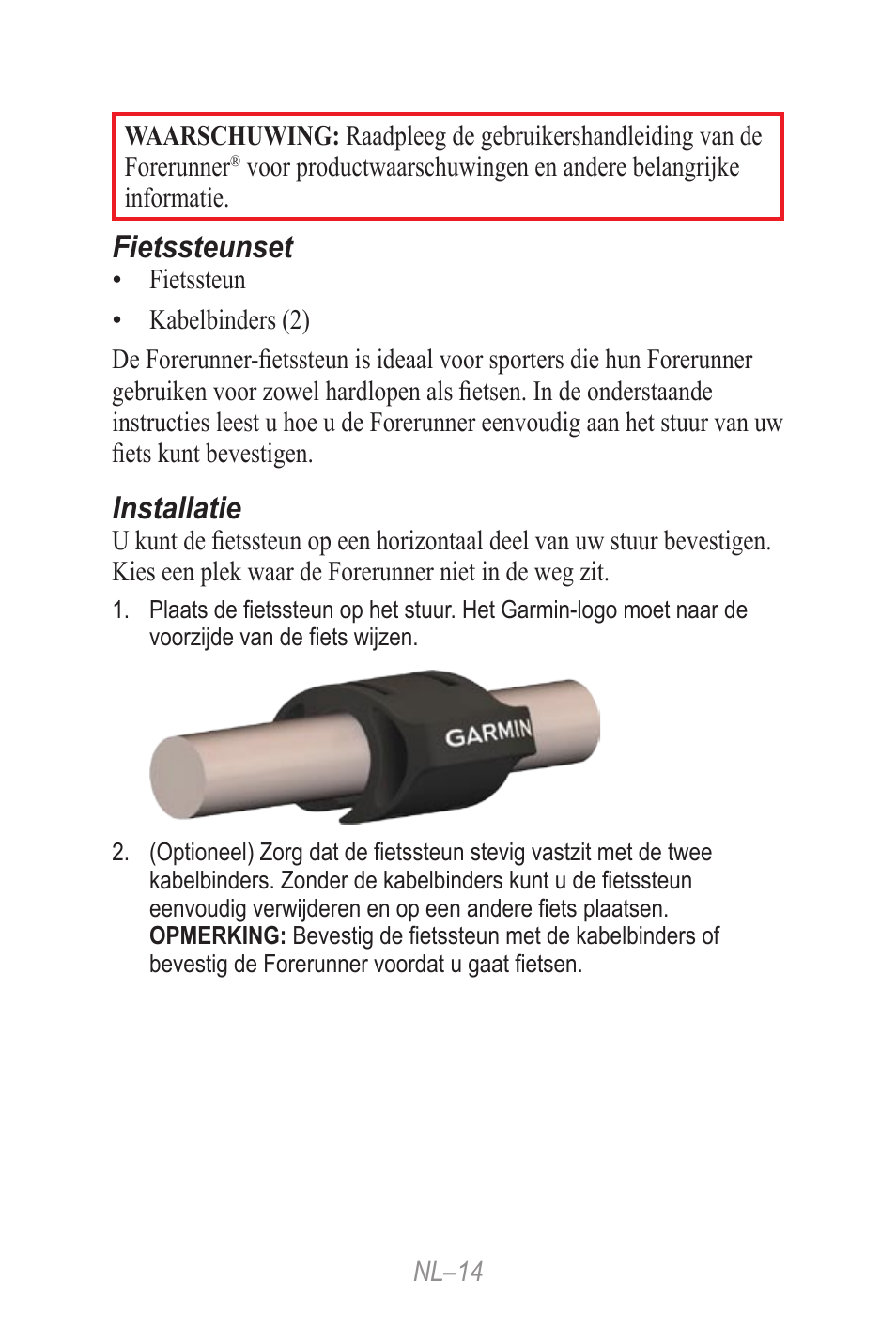 Naslaggids, Fietssteunset, Installatie | Garmin Forerunner 190-00839-08 User Manual | Page 14 / 24