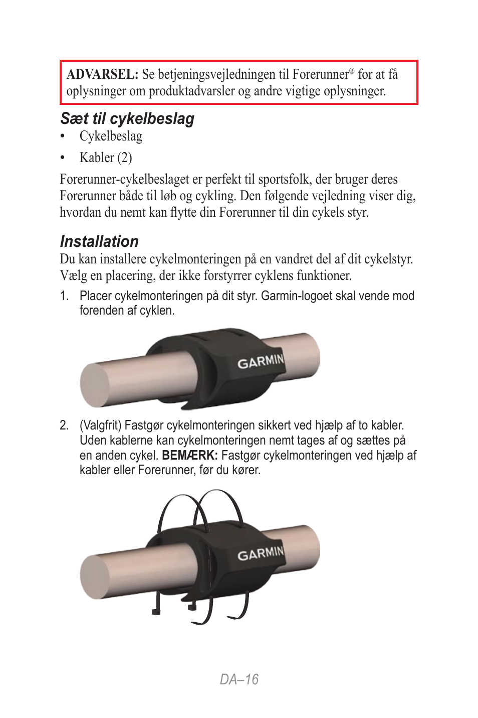 Hurtig referenceguide, Sæt til cykelbeslag, Installation | Garmin Forerunner 190-00839-08 User Manual | Page 16 / 24