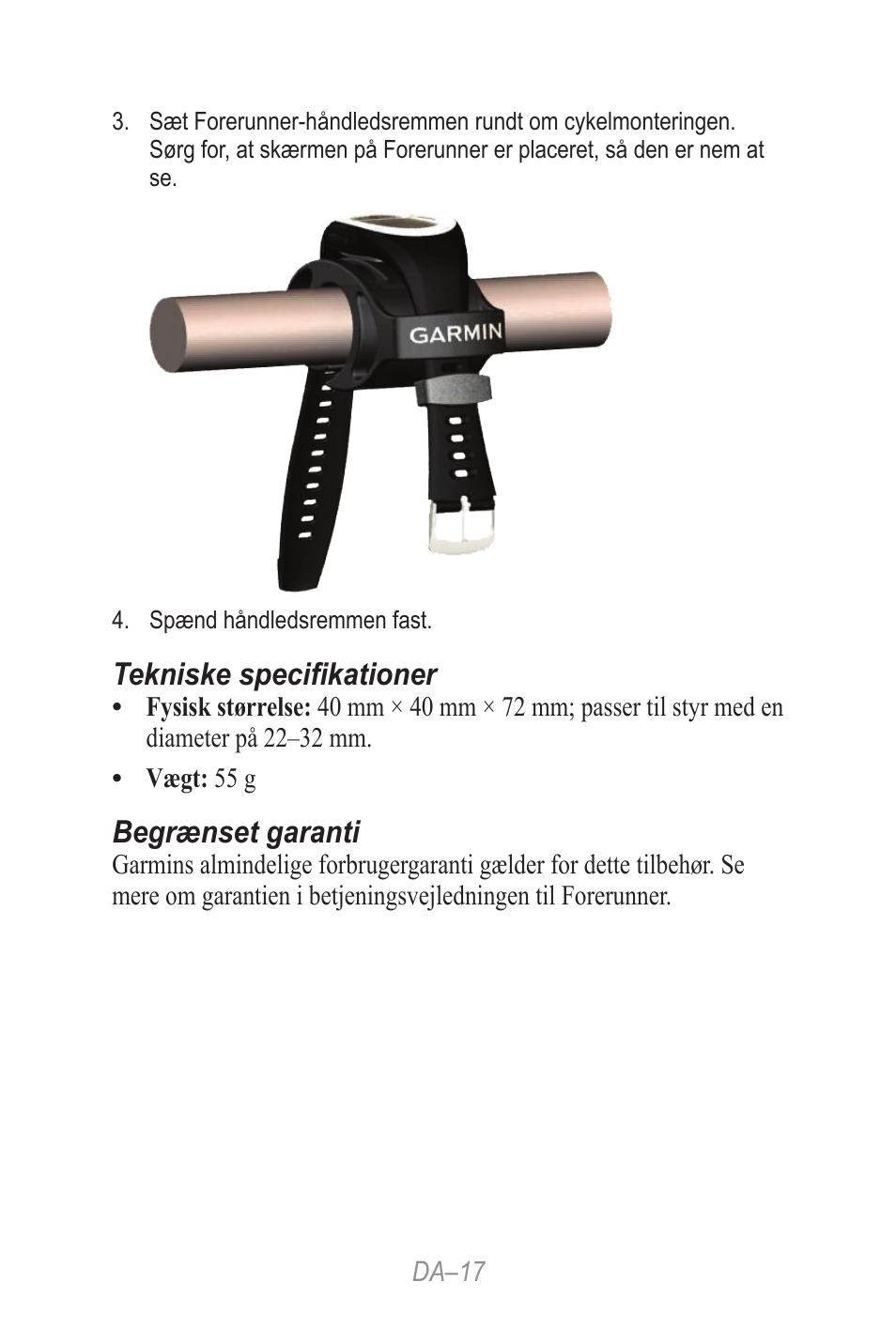 Tekniske specifikationer, Begrænset garanti | Garmin Forerunner 190-00839-08 User Manual | Page 17 / 24