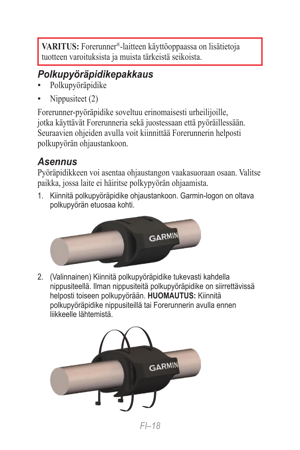 Pikaopas, Polkupyöräpidikepakkaus, Asennus | Garmin Forerunner 190-00839-08 User Manual | Page 18 / 24