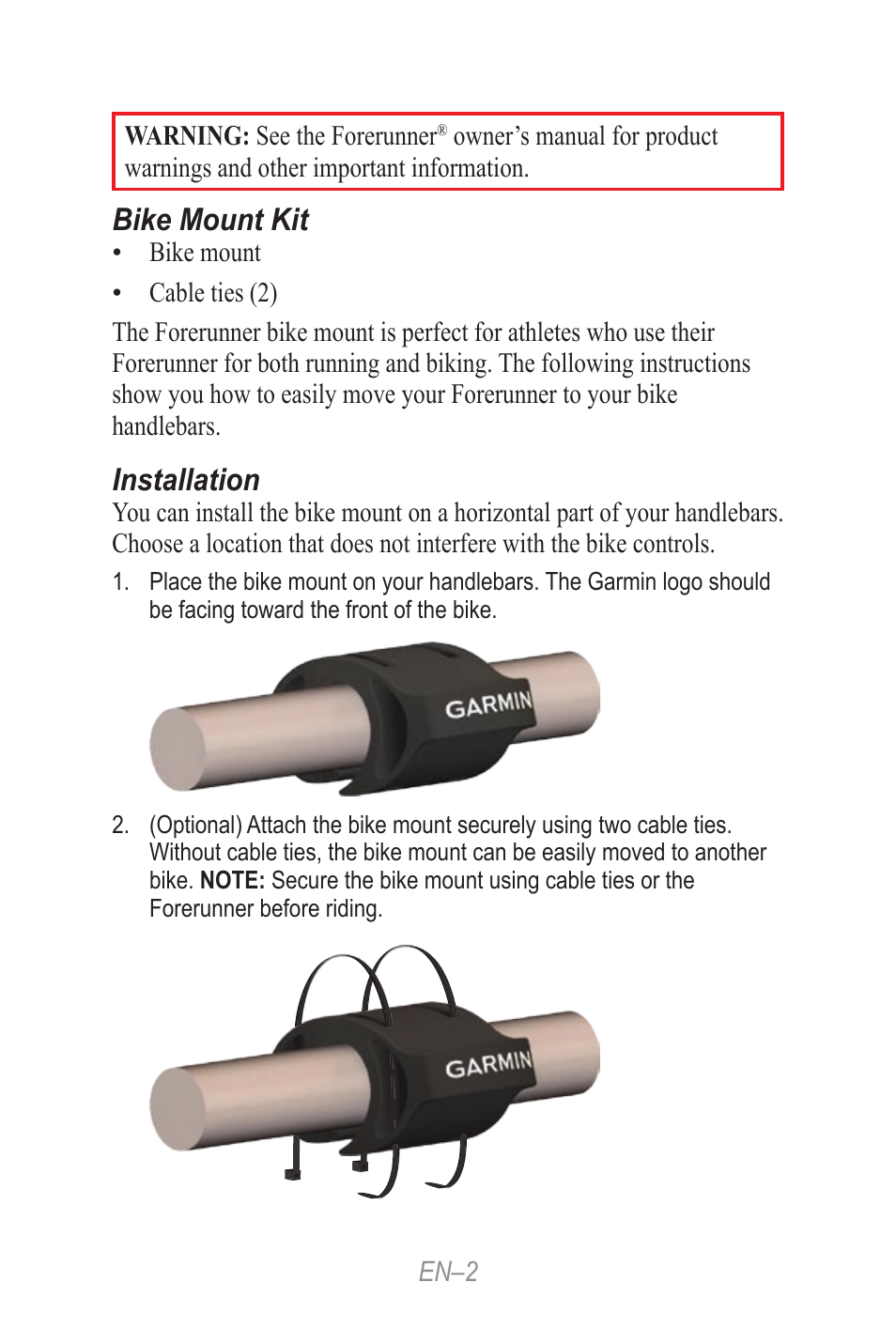 Quick reference guide, Bike mount kit, Installation | Garmin Forerunner 190-00839-08 User Manual | Page 2 / 24