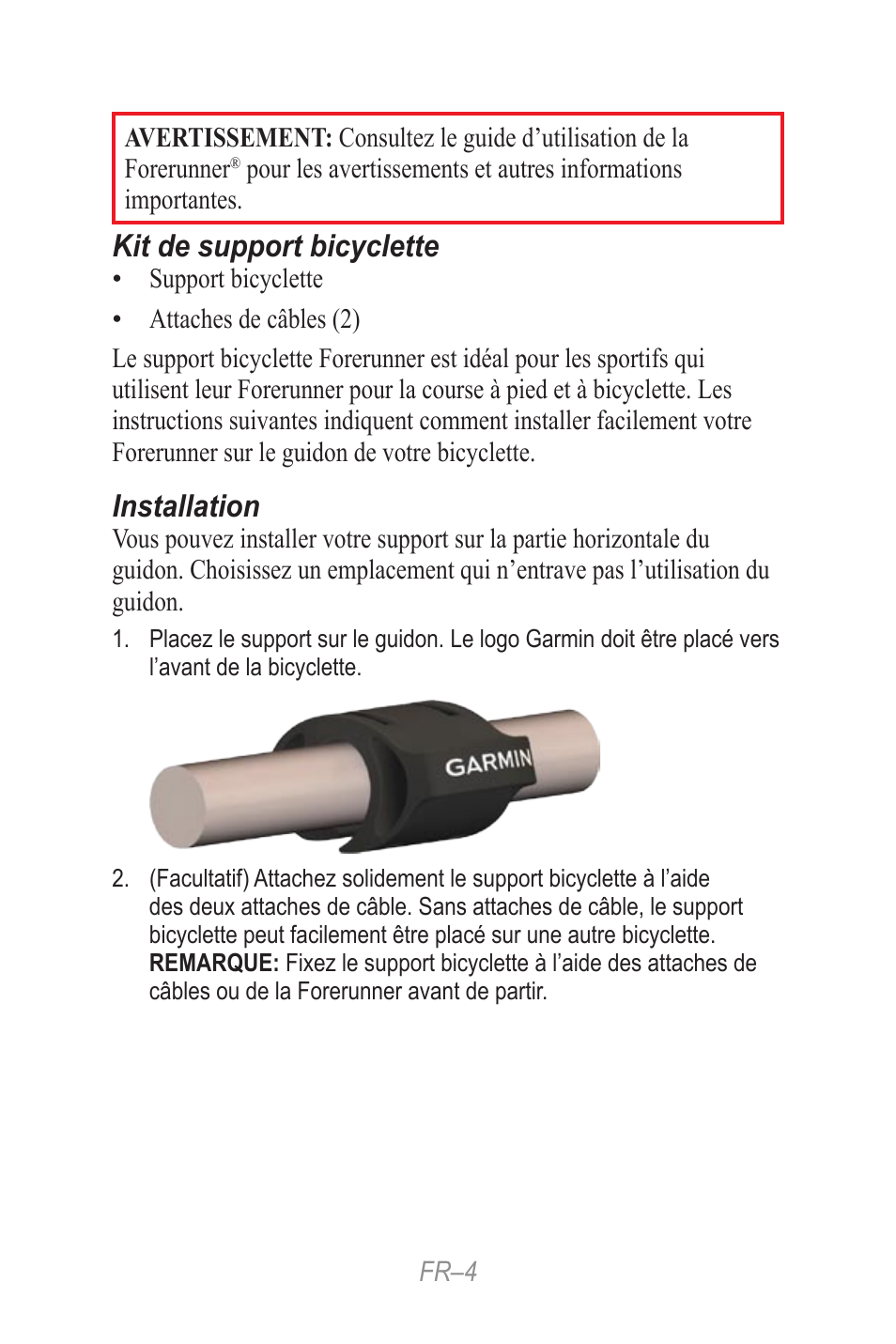 Guide de reference rapide, Kit de support bicyclette, Installation | Garmin Forerunner 190-00839-08 User Manual | Page 4 / 24