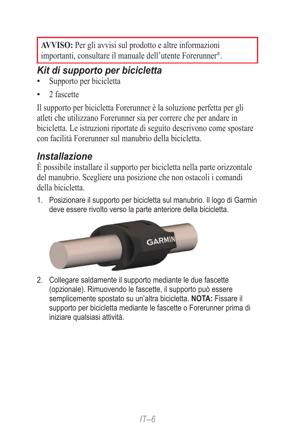 Guida di riferimento rapido, Kit di supporto per bicicletta, Installazione | Garmin Forerunner 190-00839-08 User Manual | Page 6 / 24