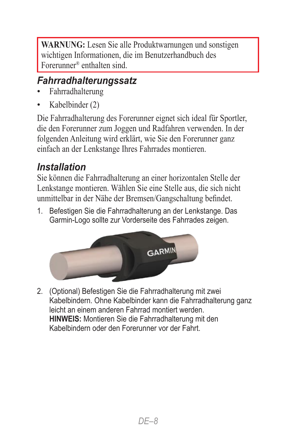 Kurzanleitung, Fahrradhalterungssatz, Installation | Garmin Forerunner 190-00839-08 User Manual | Page 8 / 24