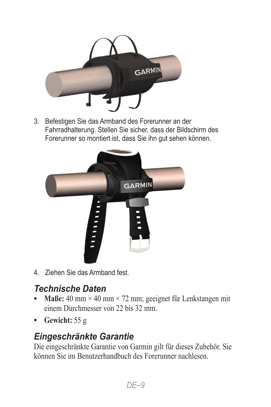 Technische daten, Eingeschränkte garantie | Garmin Forerunner 190-00839-08 User Manual | Page 9 / 24