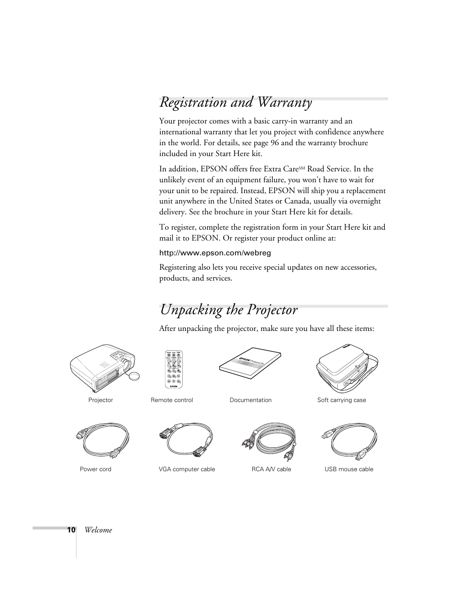Registration and warranty, Unpacking the projector, Registration and warranty unpacking the projector | Epson 74c User Manual | Page 10 / 106