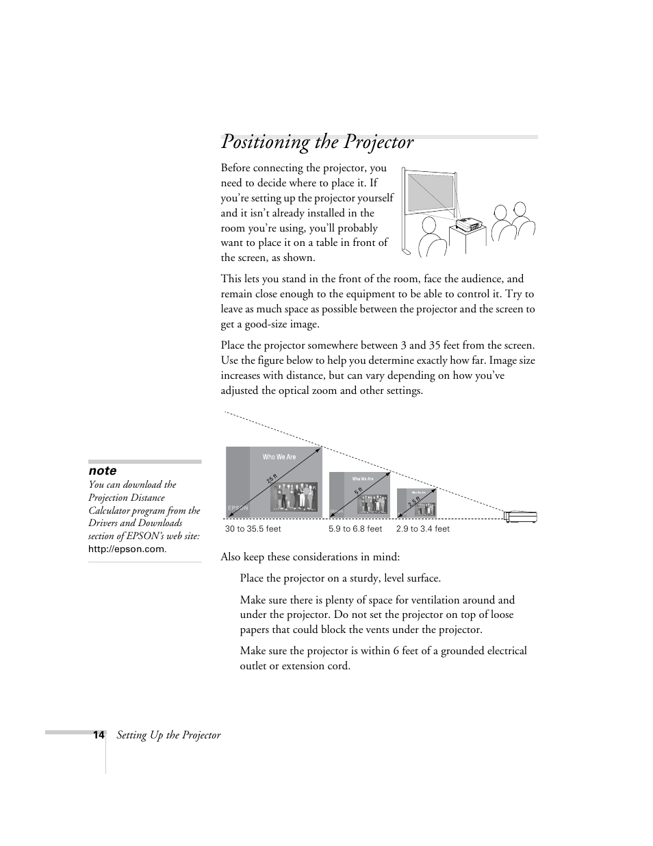 Positioning the projector | Epson 74c User Manual | Page 14 / 106