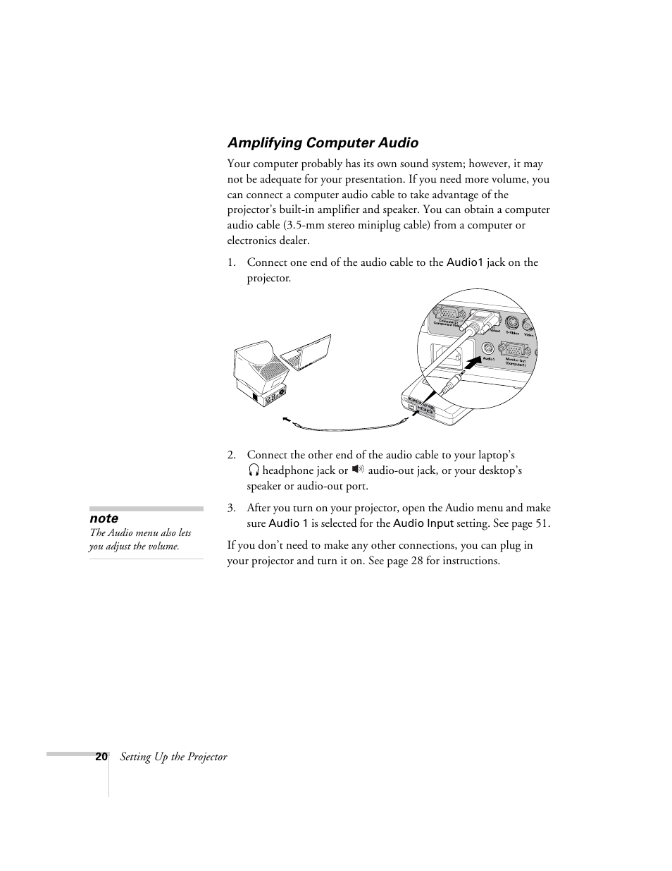 Amplifying computer audio | Epson 74c User Manual | Page 20 / 106