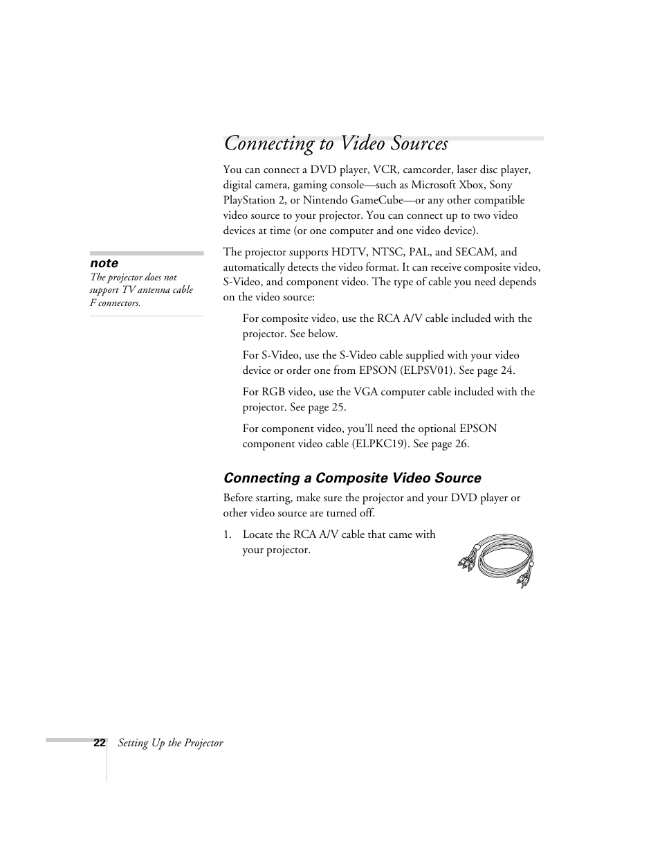 Connecting to video sources, Connecting a composite video source | Epson 74c User Manual | Page 22 / 106