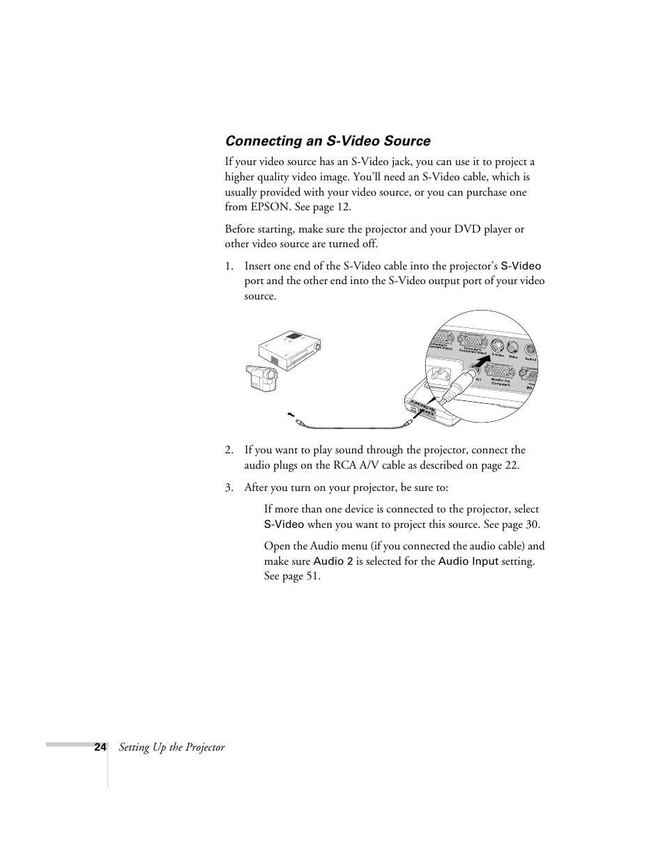 Connecting an s-video source | Epson 74c User Manual | Page 24 / 106