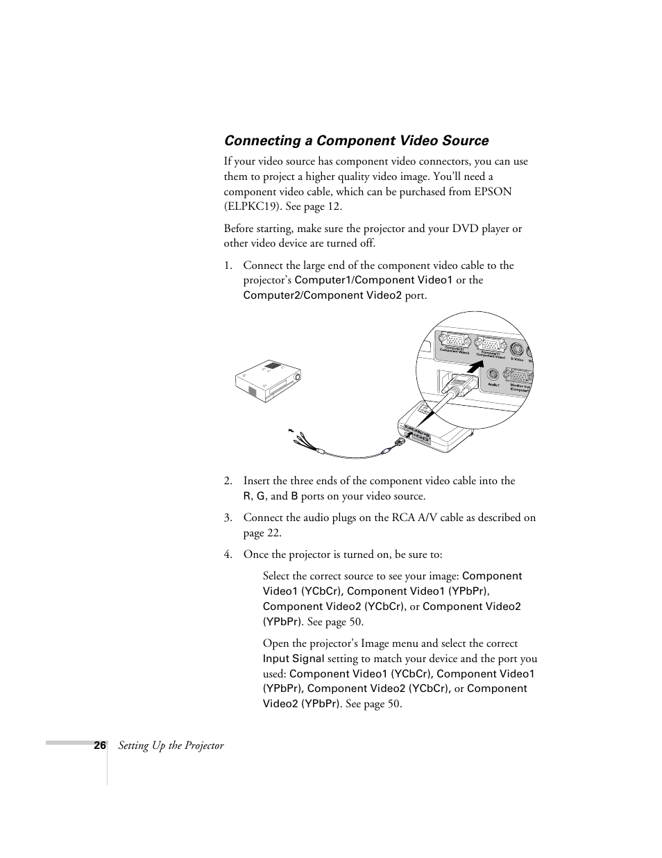 Connecting a component video source | Epson 74c User Manual | Page 26 / 106