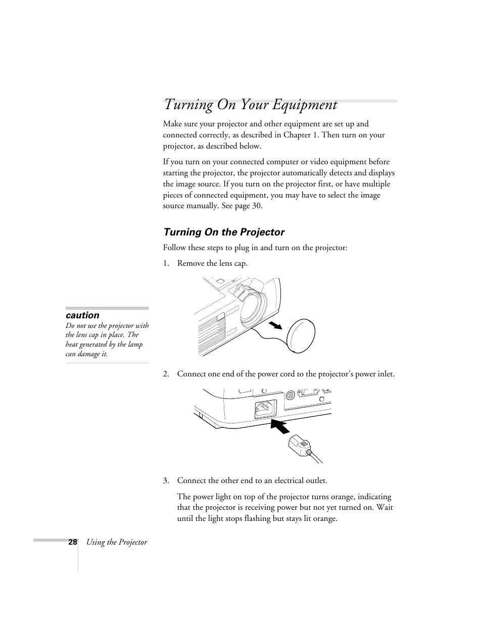Turning on your equipment, Turning on the projector | Epson 74c User Manual | Page 28 / 106