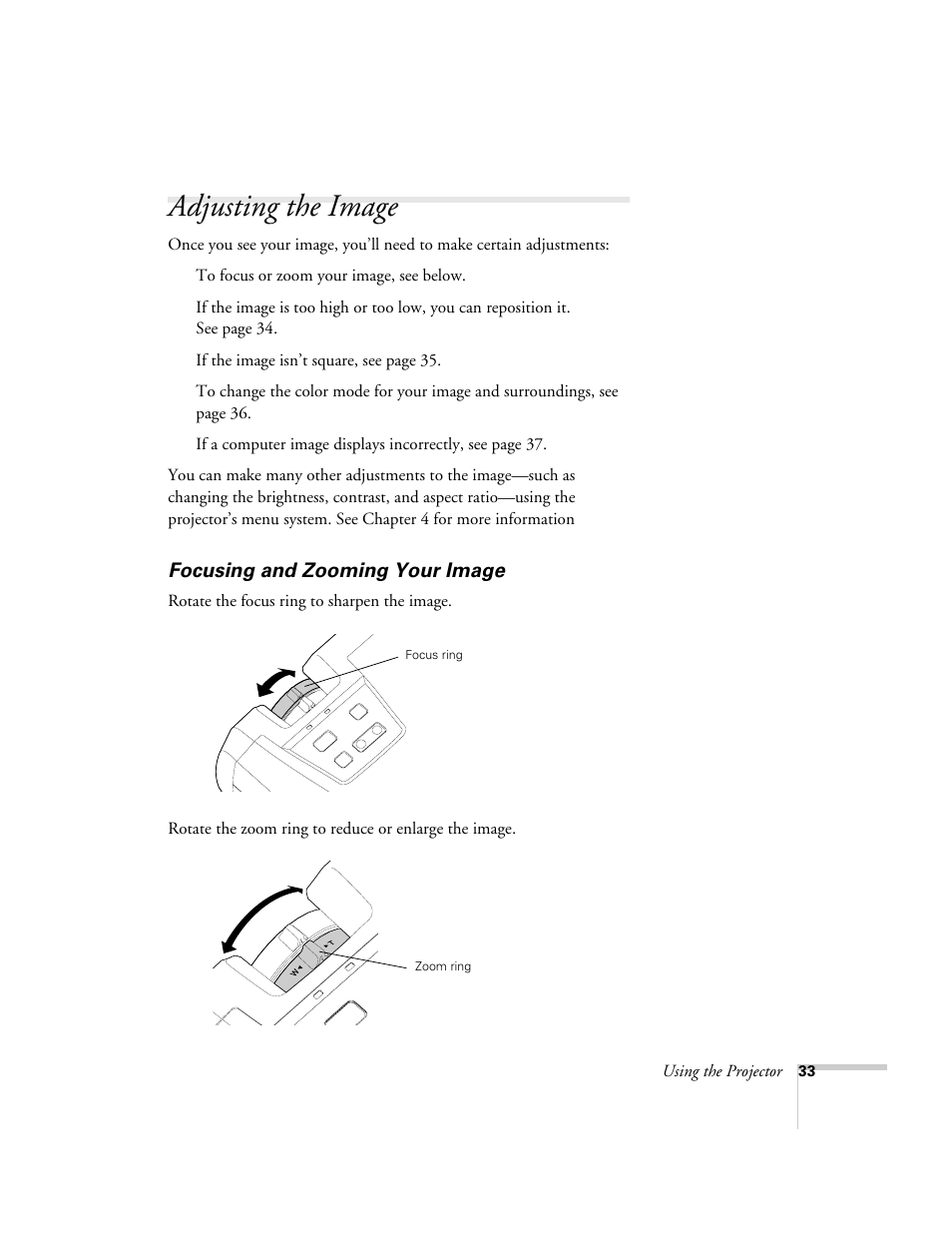 Adjusting the image, Focusing and zooming your image | Epson 74c User Manual | Page 33 / 106