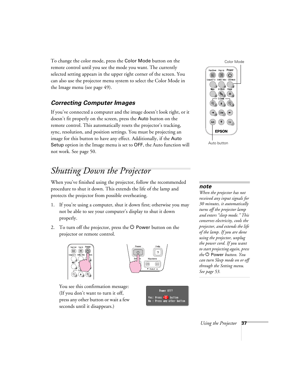 Correcting computer images, Shutting down the projector | Epson 74c User Manual | Page 37 / 106
