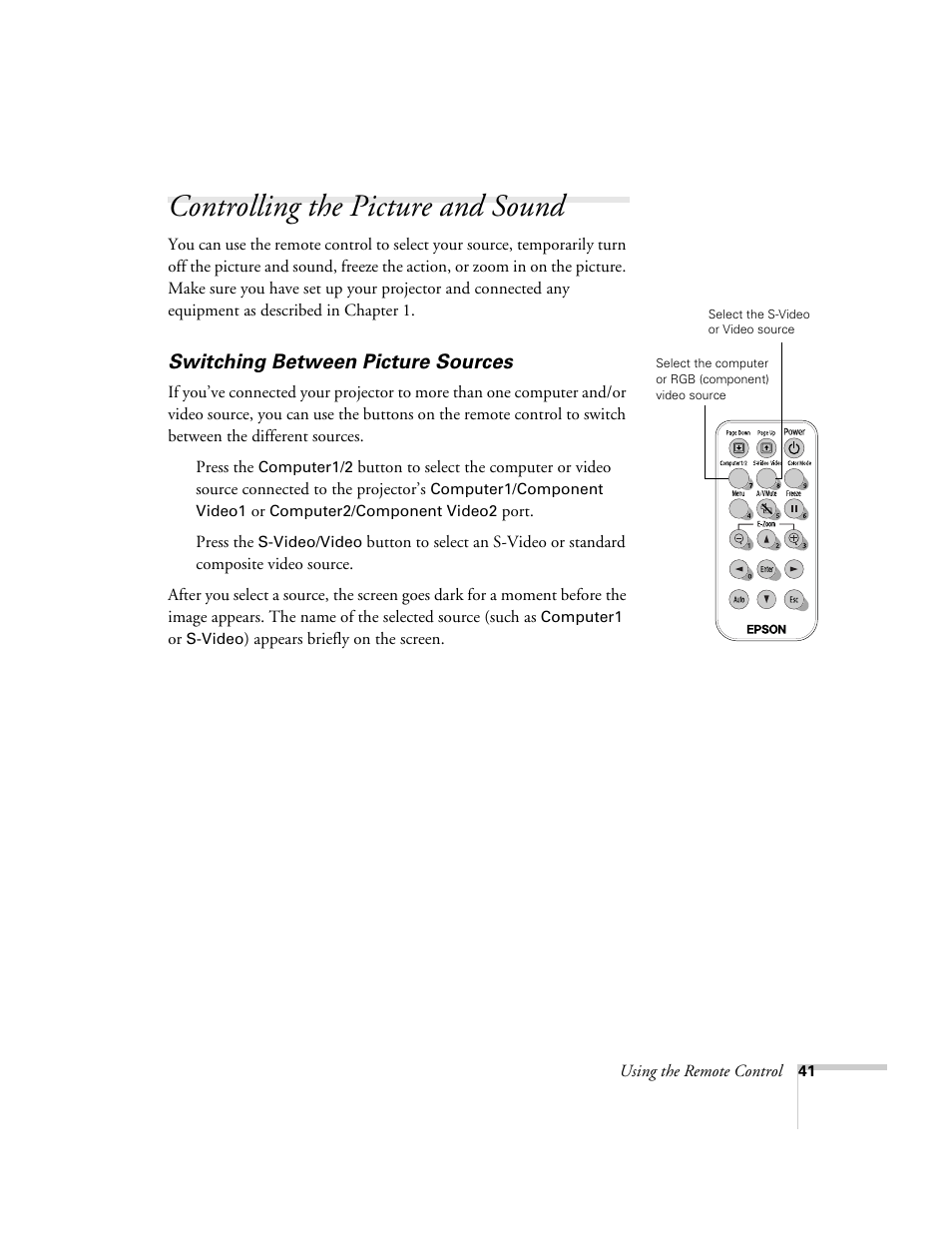 Controlling the picture and sound, Switching between picture sources | Epson 74c User Manual | Page 41 / 106