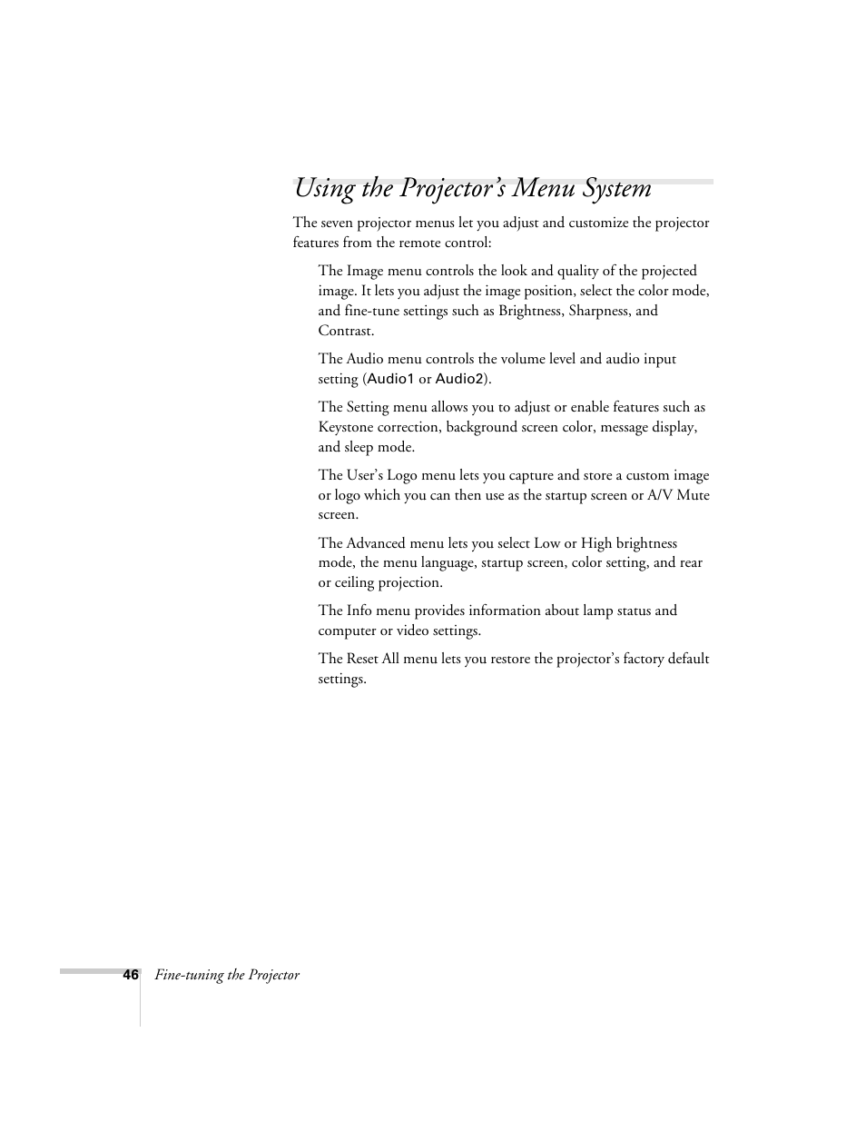 Using the projector’s menu system | Epson 74c User Manual | Page 46 / 106