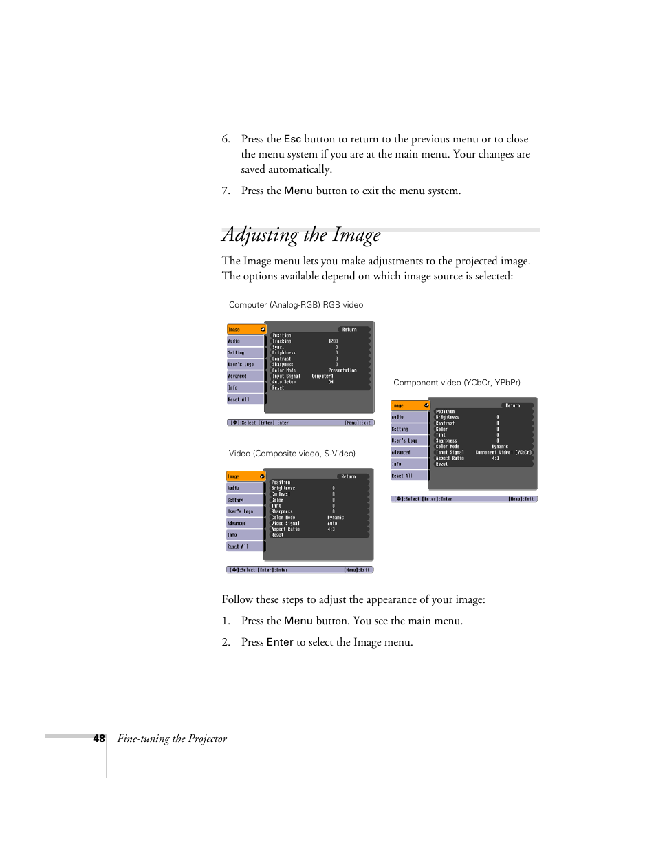 Adjusting the image | Epson 74c User Manual | Page 48 / 106