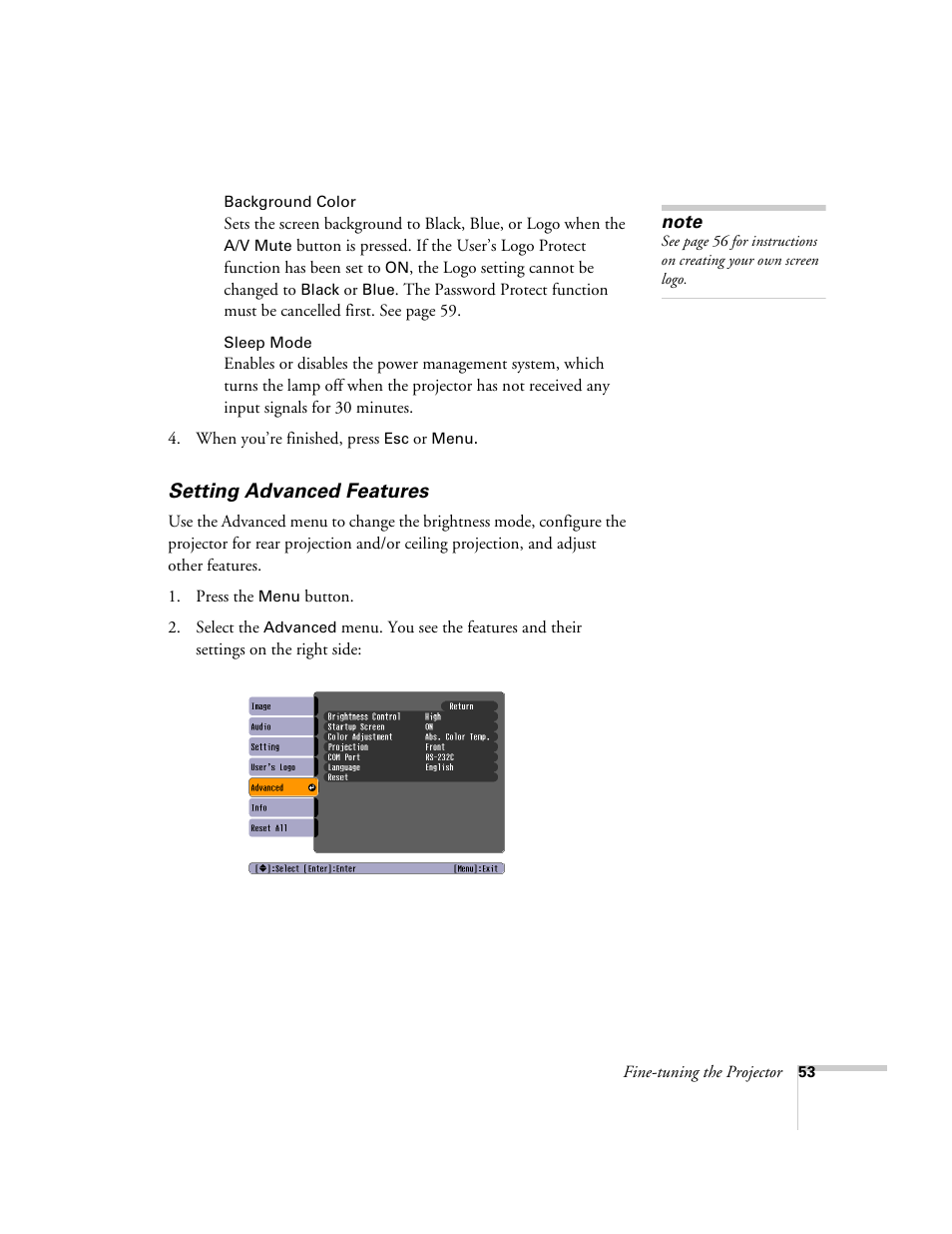 Setting advanced features | Epson 74c User Manual | Page 53 / 106