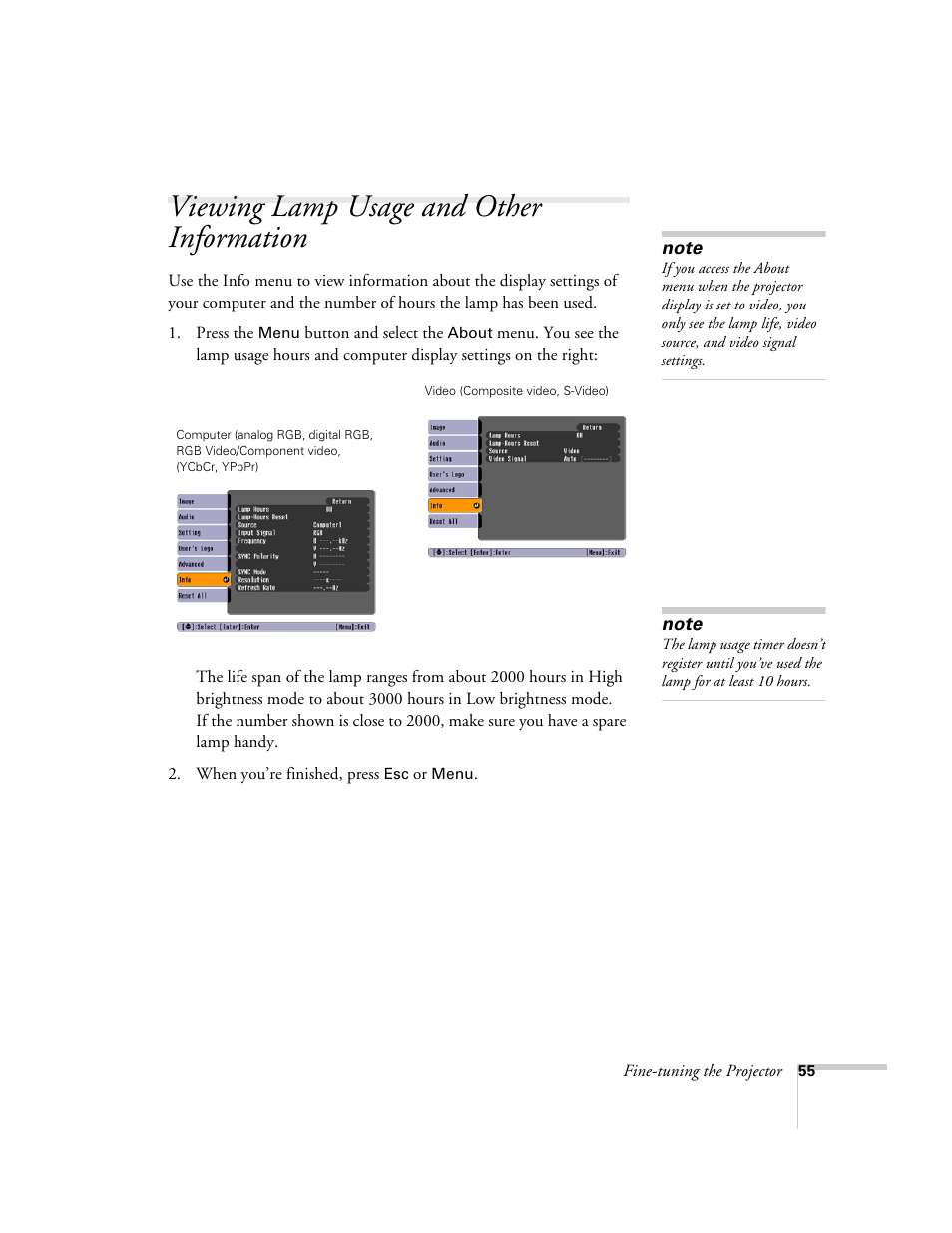 Viewing lamp usage and other information | Epson 74c User Manual | Page 55 / 106