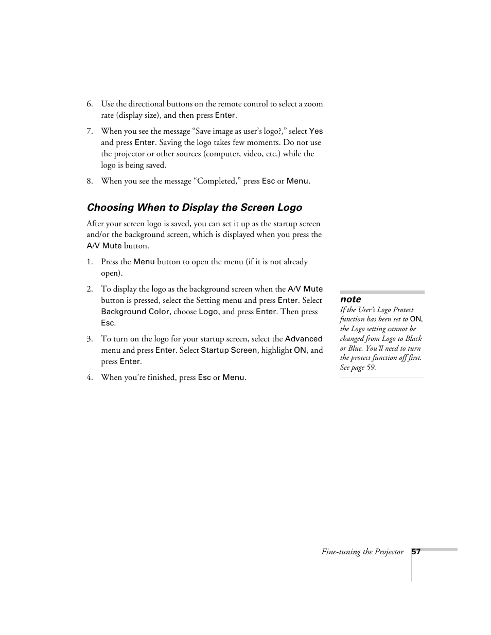 Choosing when to display the screen logo | Epson 74c User Manual | Page 57 / 106