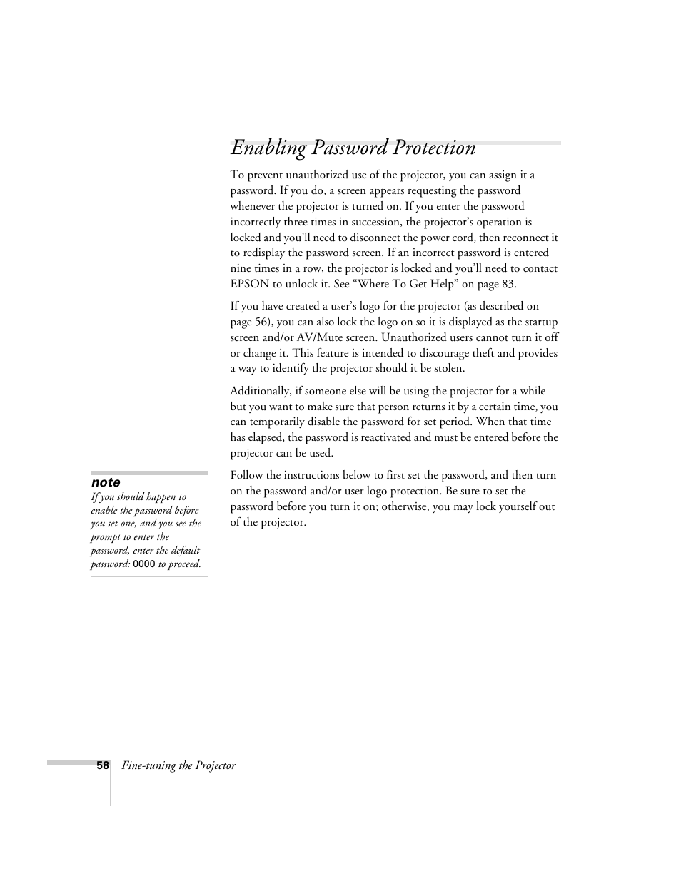 Enabling password protection | Epson 74c User Manual | Page 58 / 106