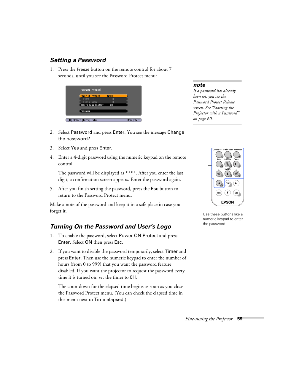 Setting a password, Turning on the password and user’s logo | Epson 74c User Manual | Page 59 / 106