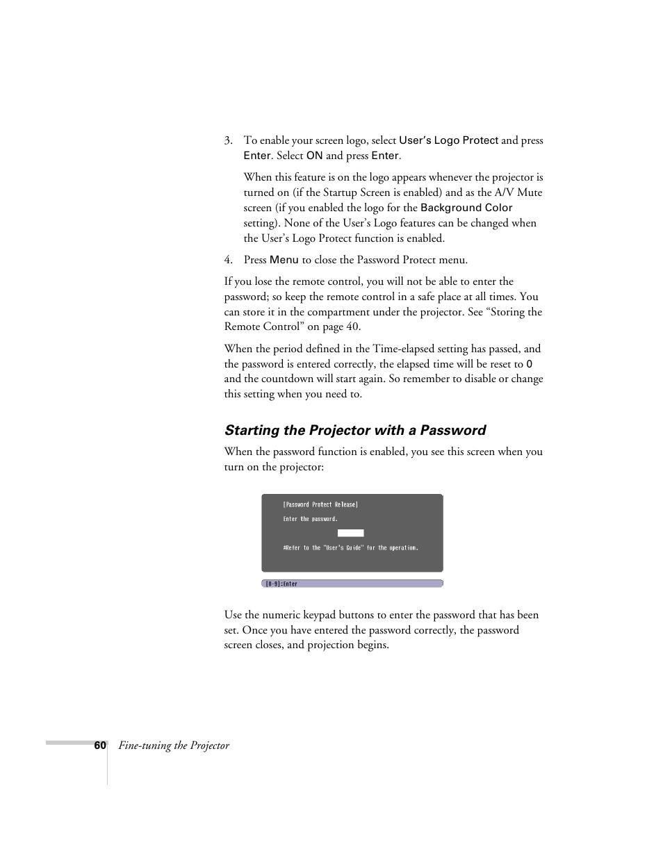 Starting the projector with a password | Epson 74c User Manual | Page 60 / 106