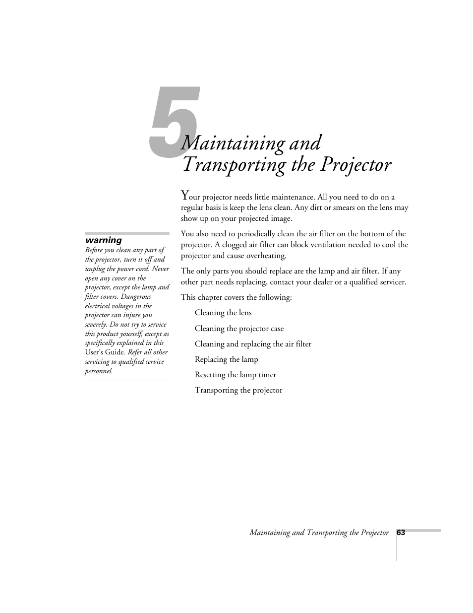 Maintaining and transporting the projector | Epson 74c User Manual | Page 63 / 106