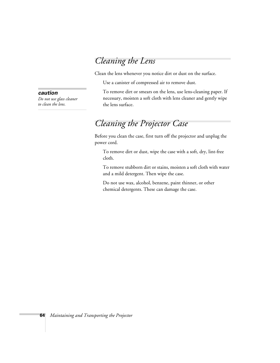 Cleaning the lens, Cleaning the projector case, Cleaning the lens cleaning the projector case | Epson 74c User Manual | Page 64 / 106