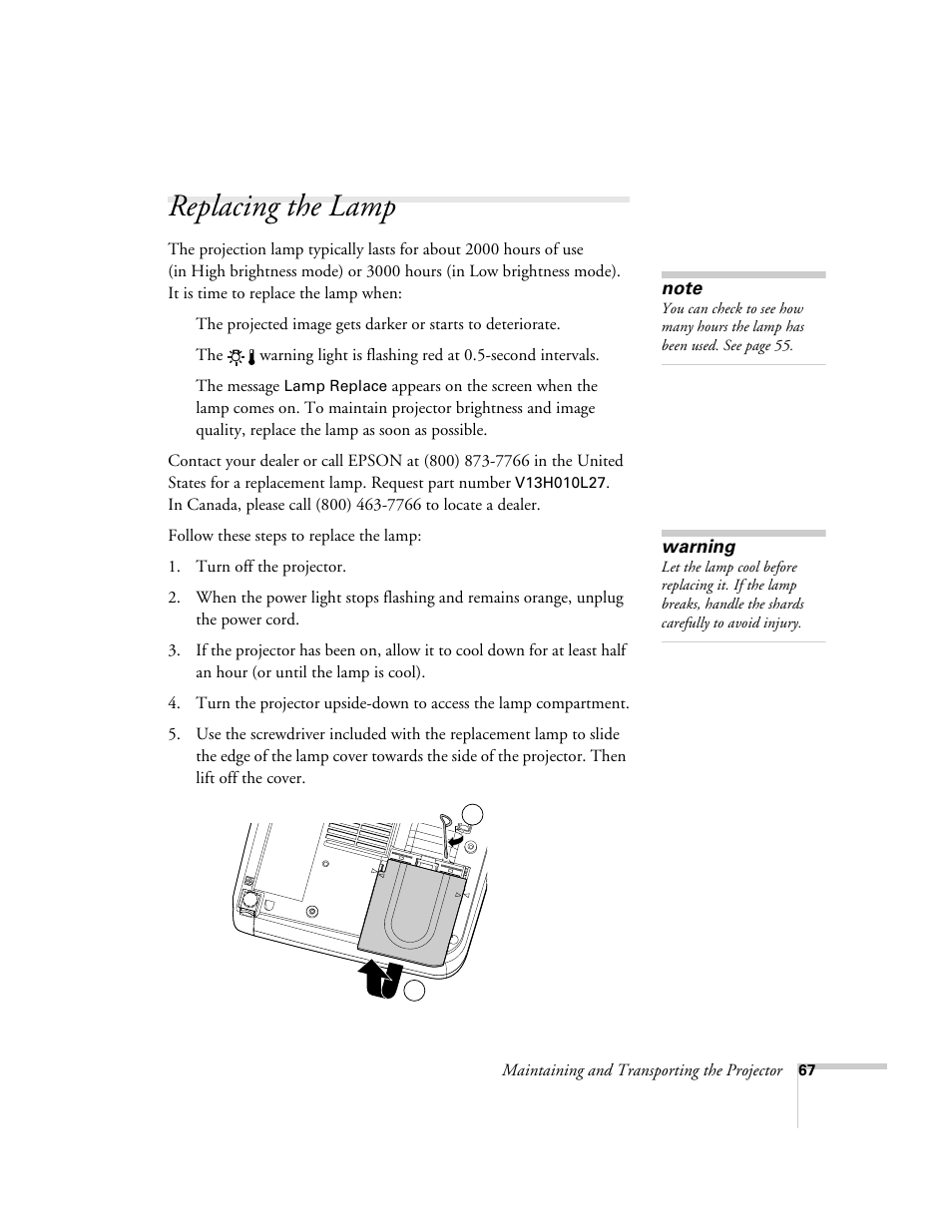Replacing the lamp | Epson 74c User Manual | Page 67 / 106