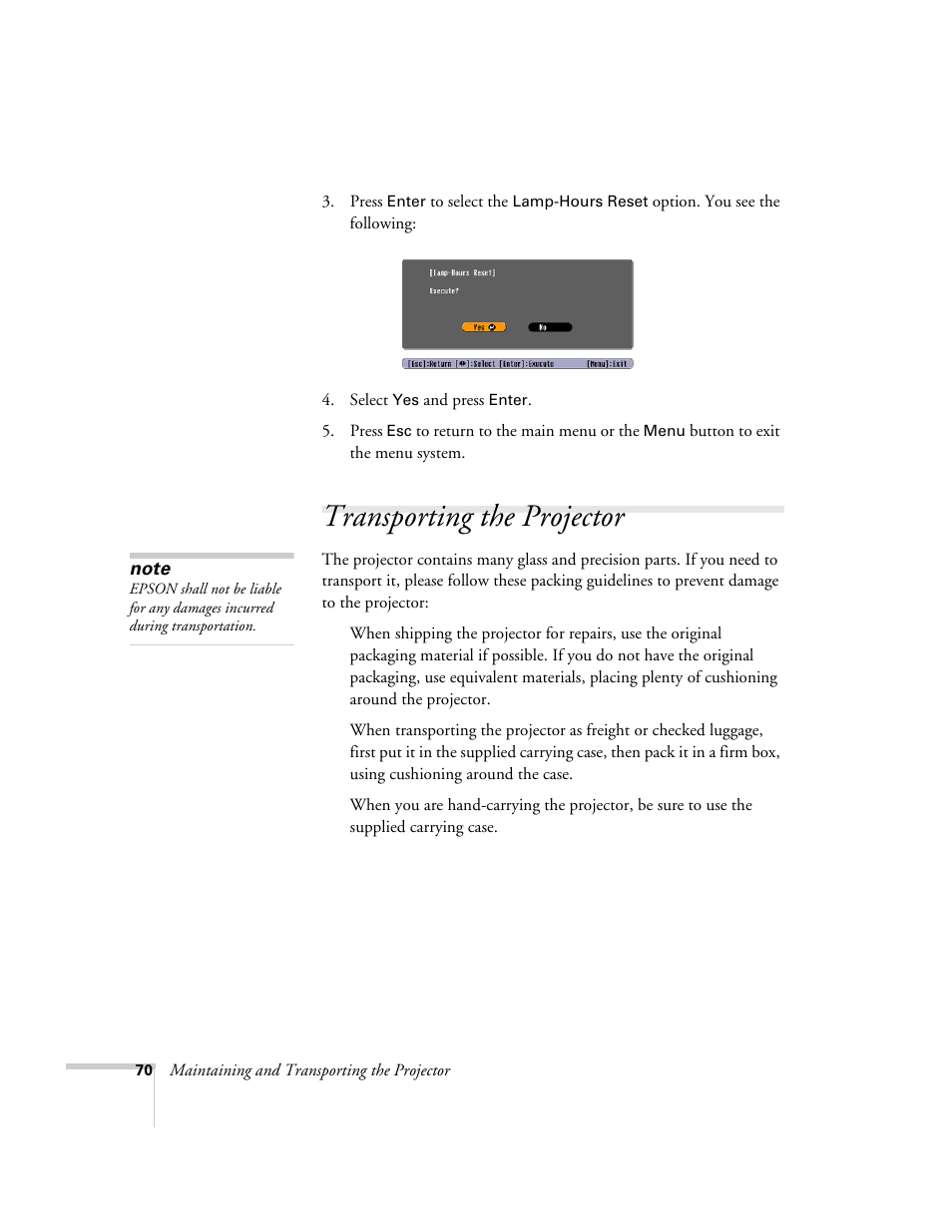 Transporting the projector | Epson 74c User Manual | Page 70 / 106