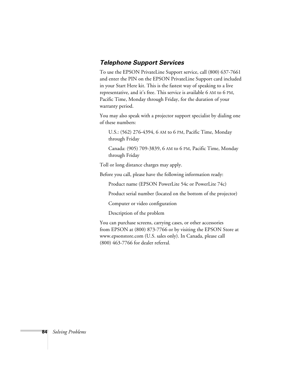 Telephone support services | Epson 74c User Manual | Page 84 / 106