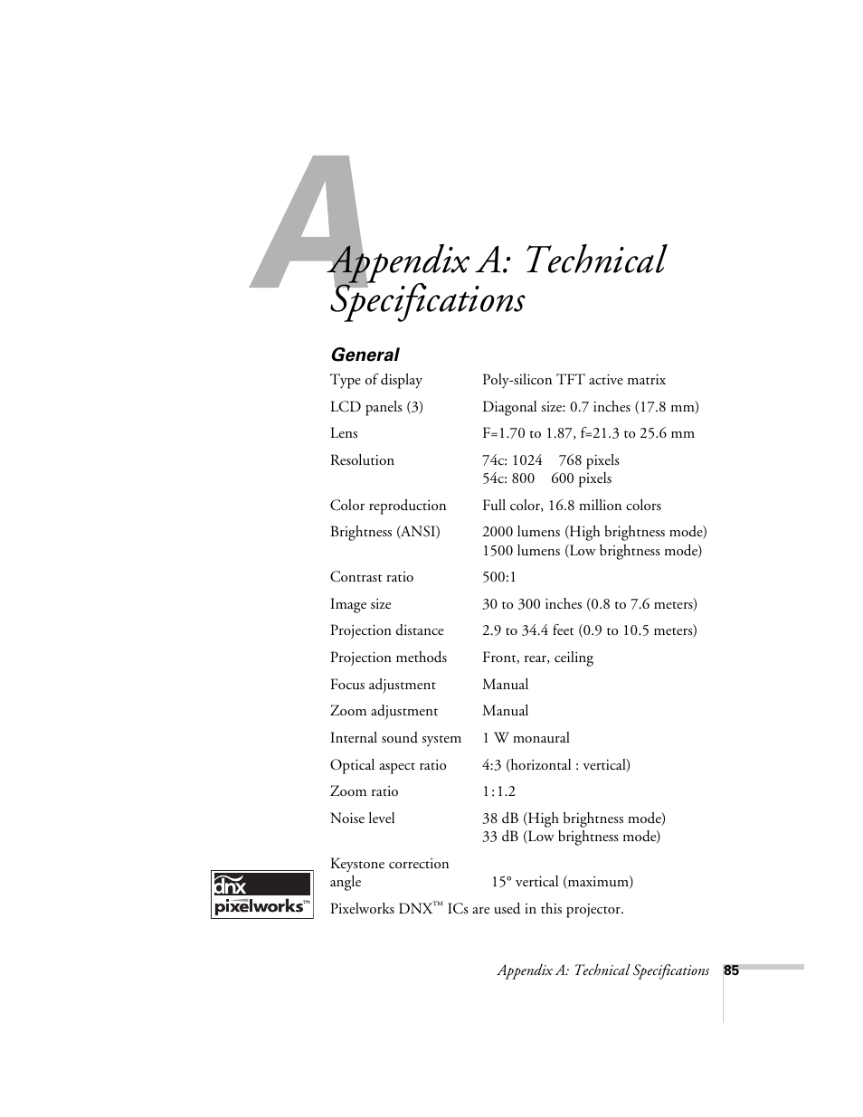 Appendix a: technical specifications | Epson 74c User Manual | Page 85 / 106