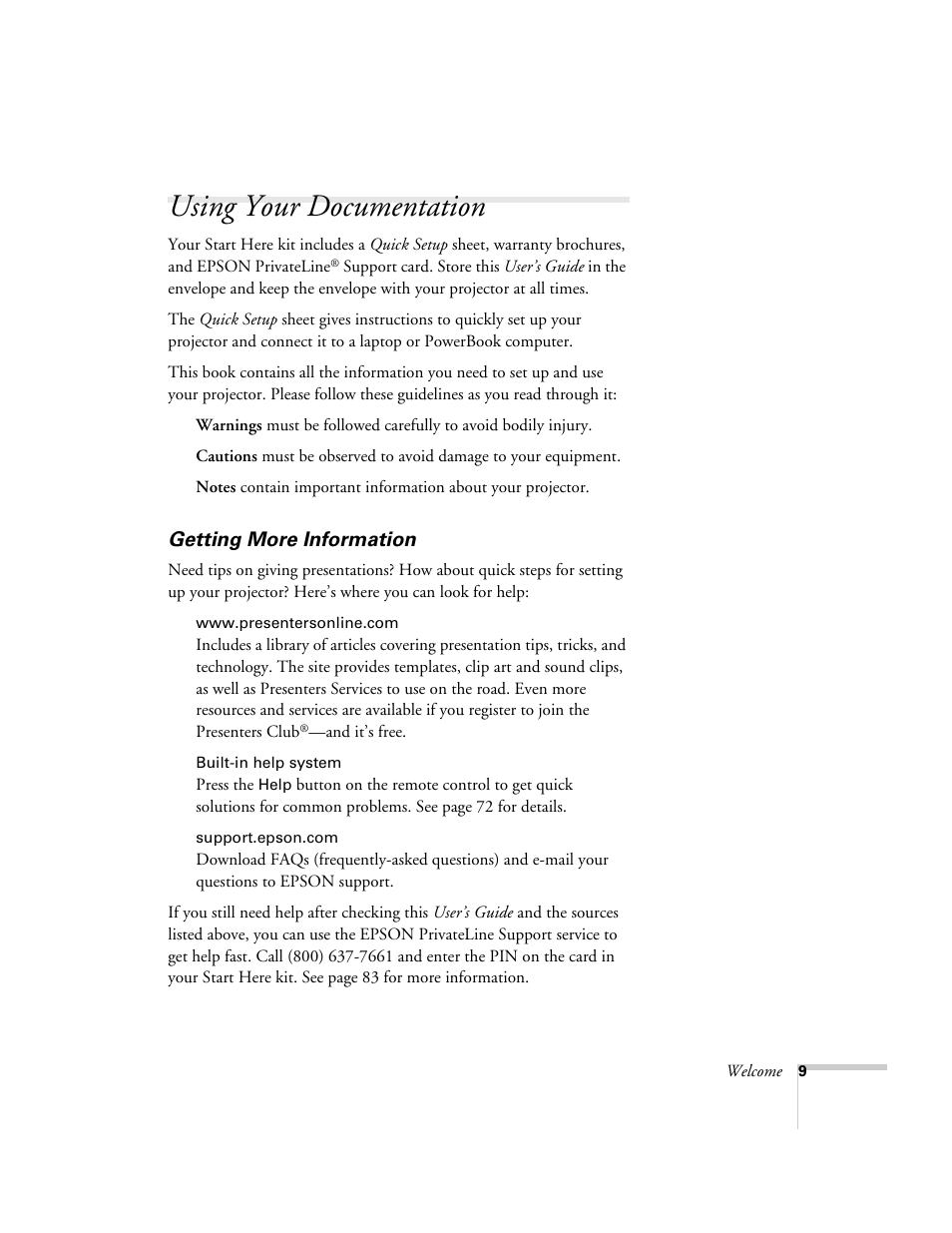 Using your documentation, Getting more information | Epson 74c User Manual | Page 9 / 106