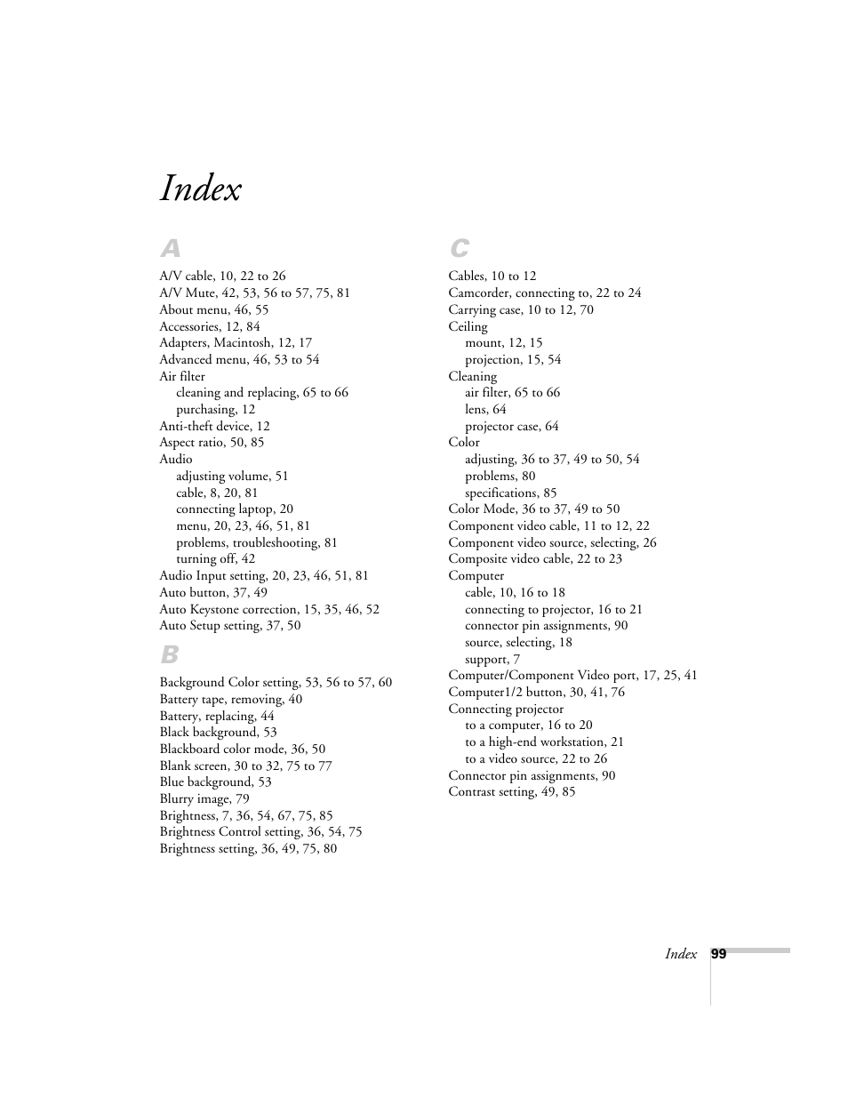 Index | Epson 74c User Manual | Page 99 / 106