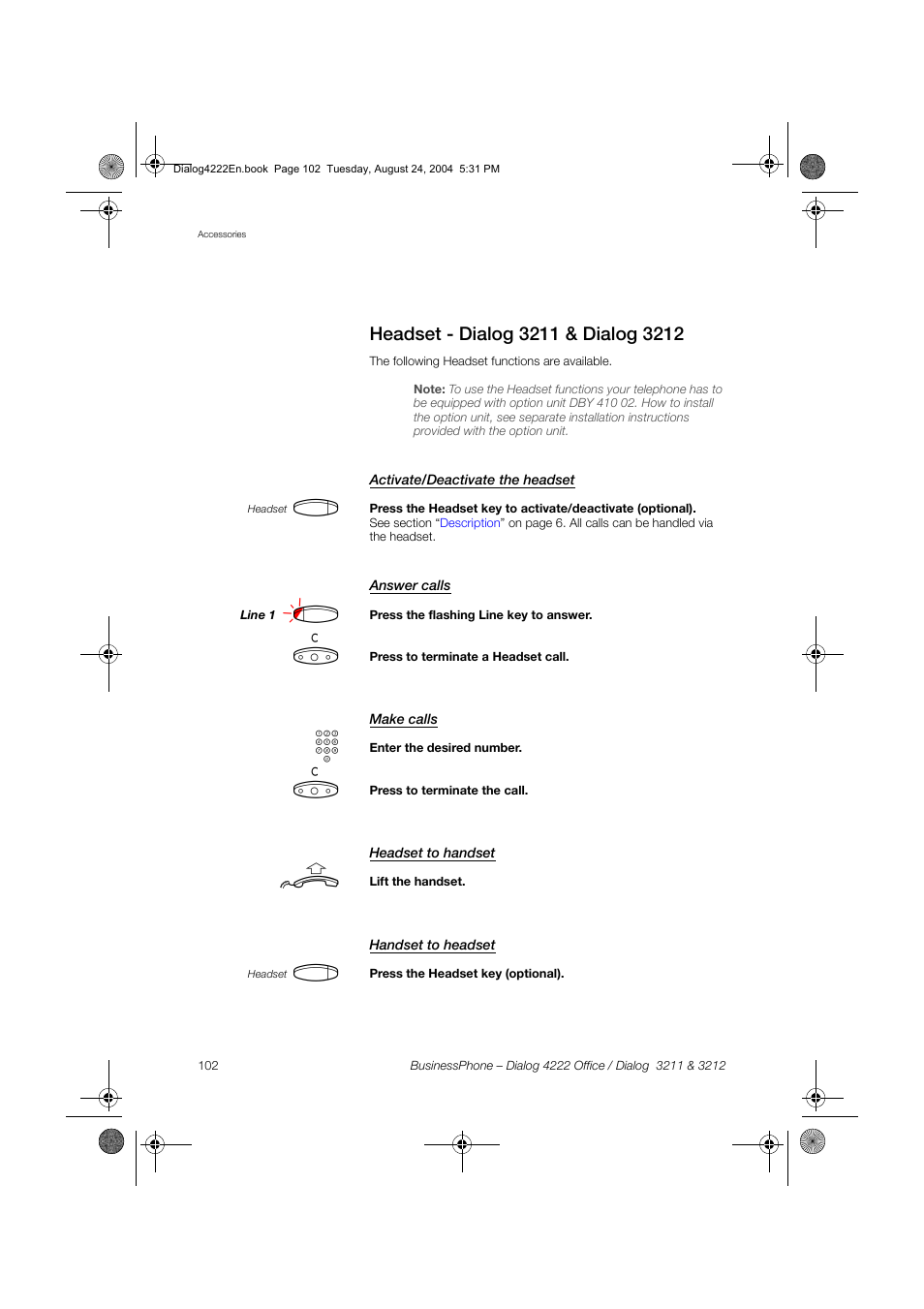Headset - dialog 3211 & dialog 3212, Activate/deactivate the headset, Answer calls | Make calls, Headset to handset, Handset to headset | Dialog 4222 Office User Manual | Page 102 / 124