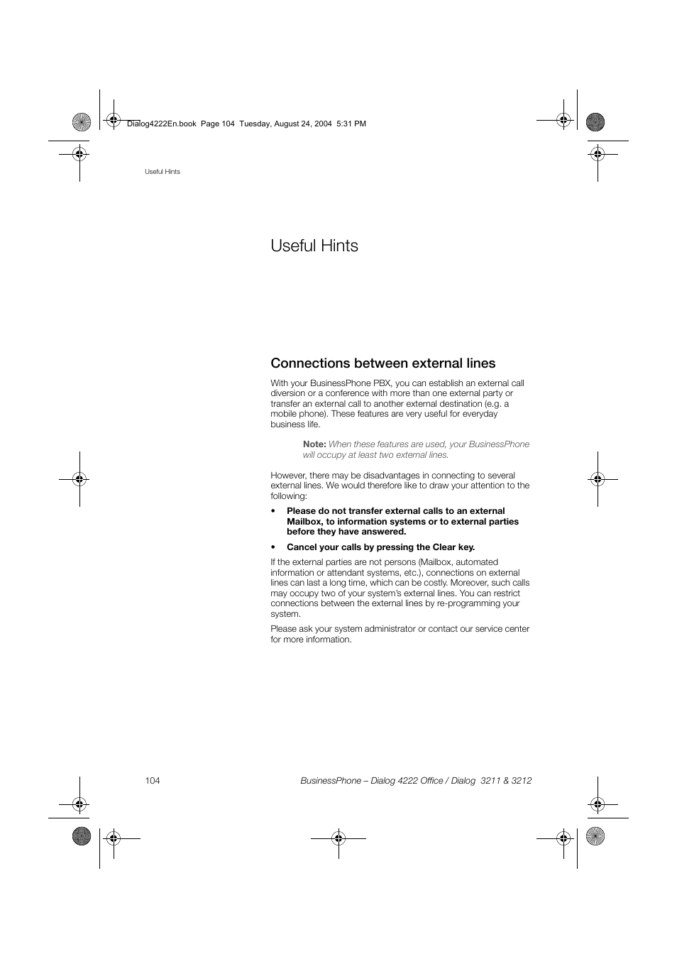 Useful hints, Connections between external lines, Useful | Hints | Dialog 4222 Office User Manual | Page 104 / 124