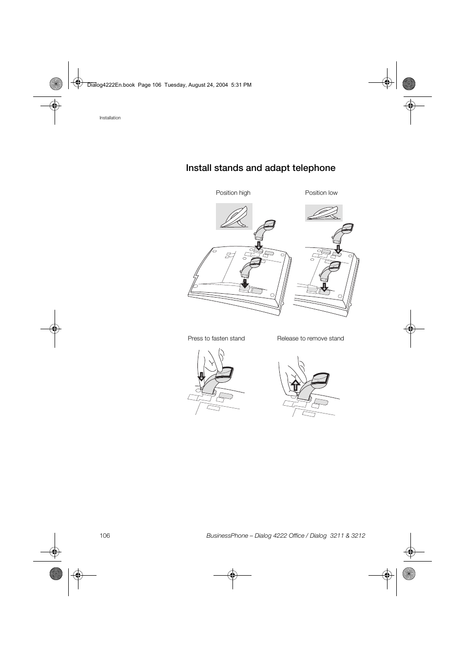 Install stands and adapt telephone | Dialog 4222 Office User Manual | Page 106 / 124