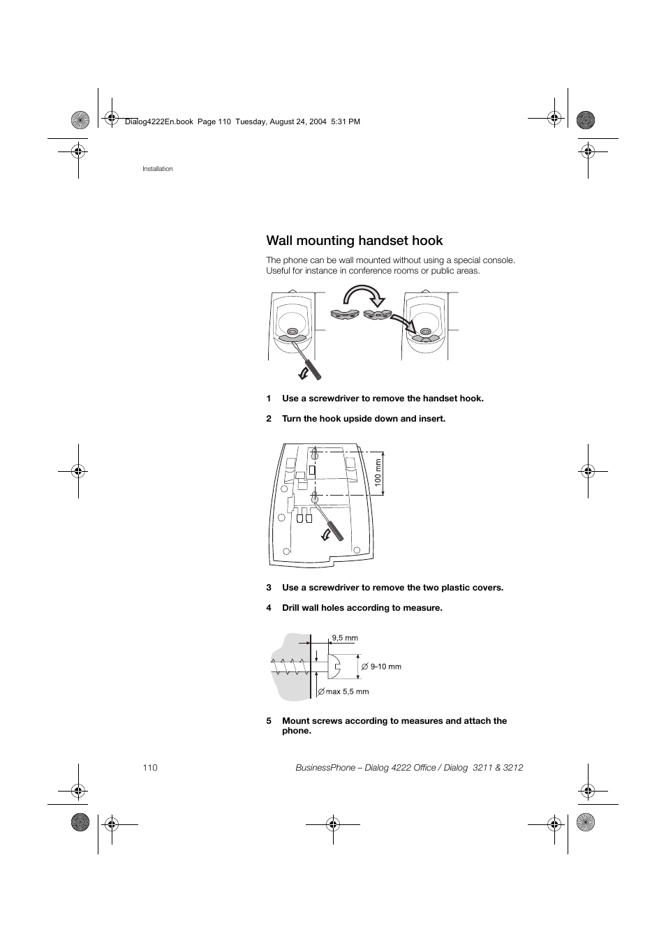 Wall mounting handset hook | Dialog 4222 Office User Manual | Page 110 / 124