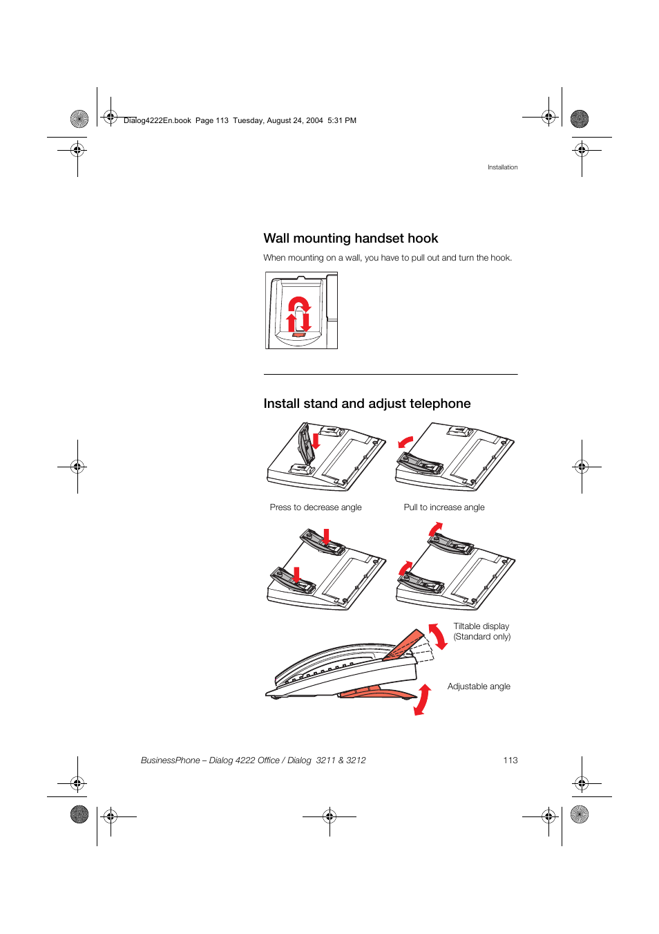 Wall mounting handset hook, Install stand and adjust telephone | Dialog 4222 Office User Manual | Page 113 / 124