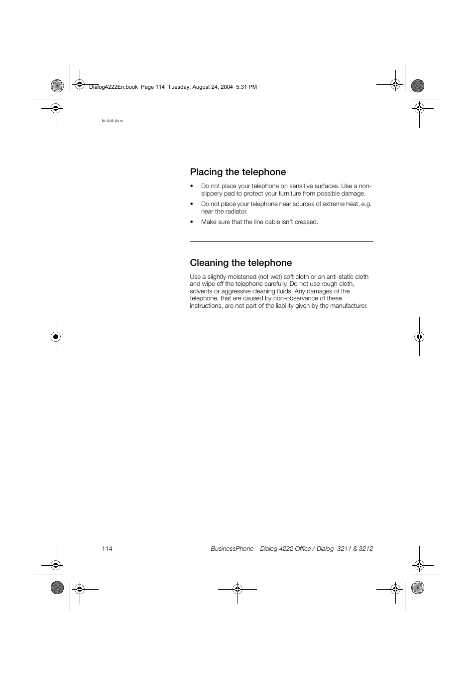 Placing the telephone, Cleaning the telephone | Dialog 4222 Office User Manual | Page 114 / 124